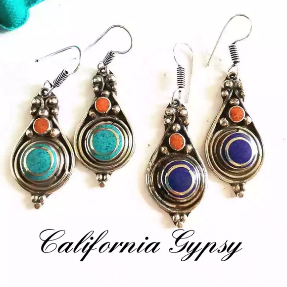 Tibetan Silver Bohemian coral turquoise earrings - Picture 2 of 3